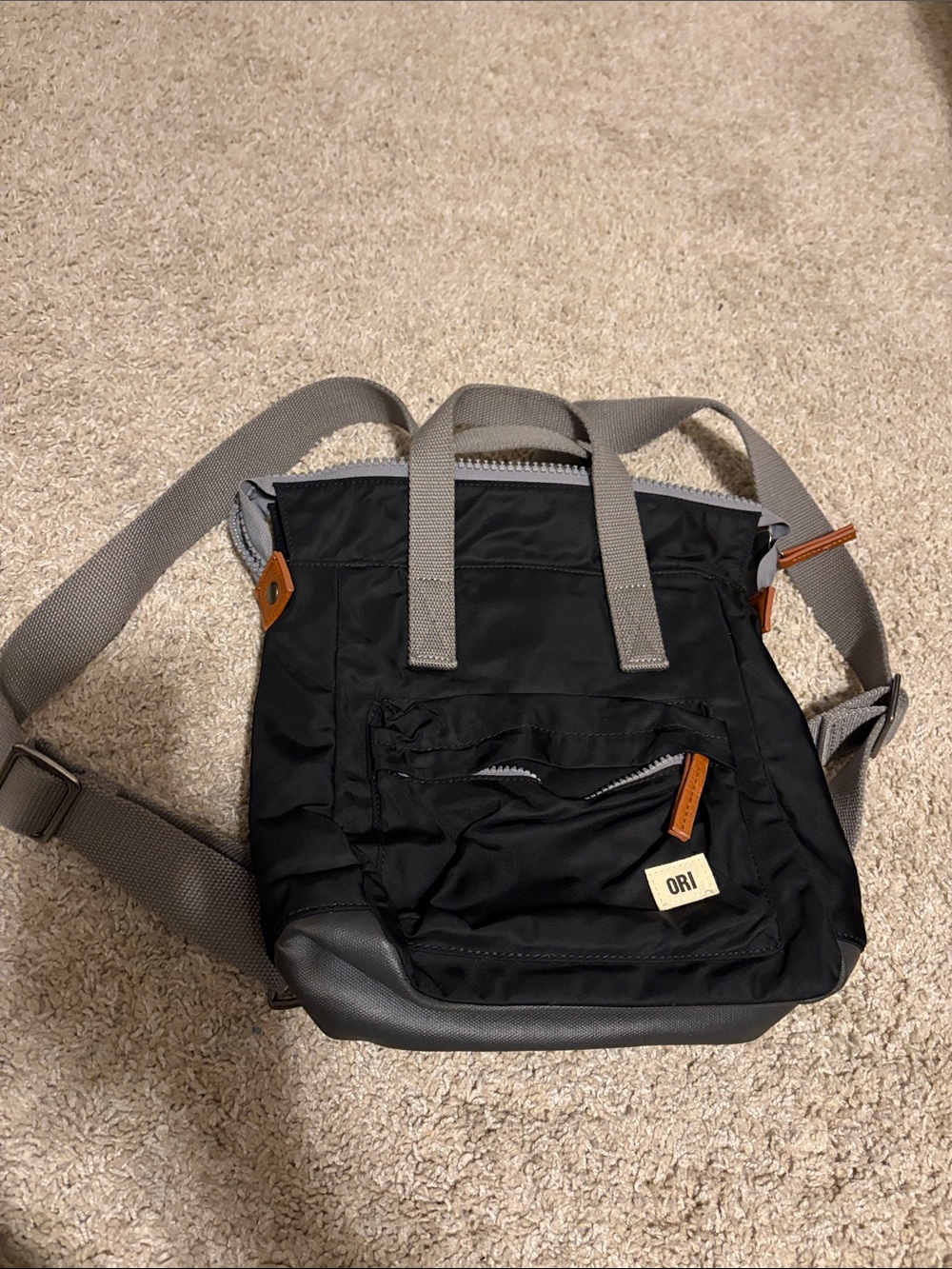 Black Ori Crossbody Backpack with Gray Straps